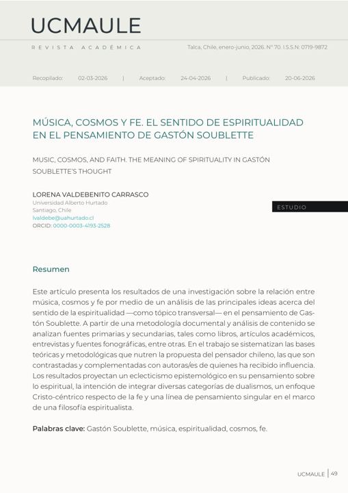 Música, cosmos y fe. El sentido de espiritualidad en el pensamiento de Gastón Soublette