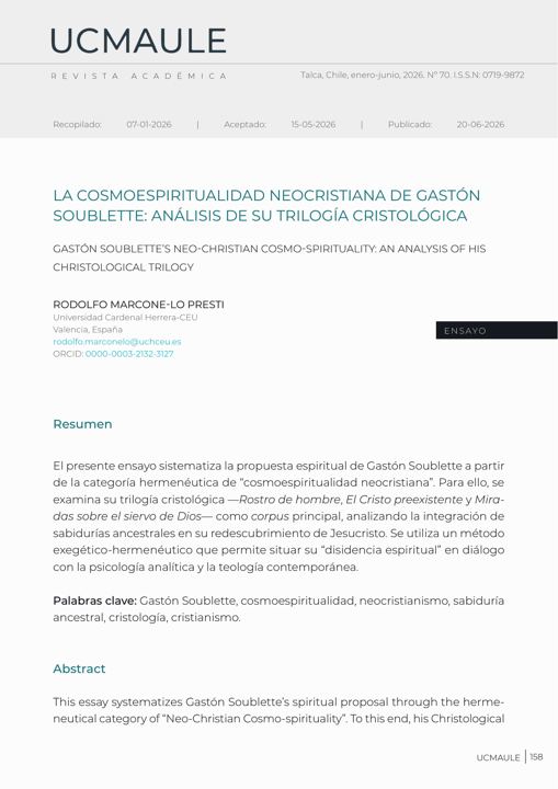 La cosmoespiritualidad neocristiana de Gastón Soublette: análisis de su trilogía cristológica