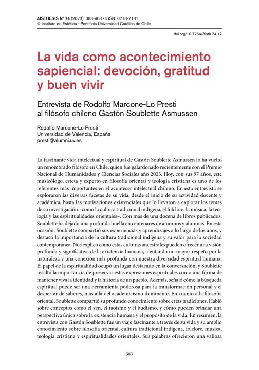 La vida como acontecimiento sapiencial: devoción, gratitud y buen vivir. Entrevista al filósofo chileno Gastón Soublette Asmussen